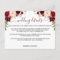 Burgundy Floral Détails du Mariage Insérer une car