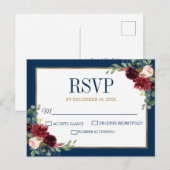 Carte Postale Burgundy Floral Gold Navy Blue Rustic Wedding RSVP (Devant / Derrière)