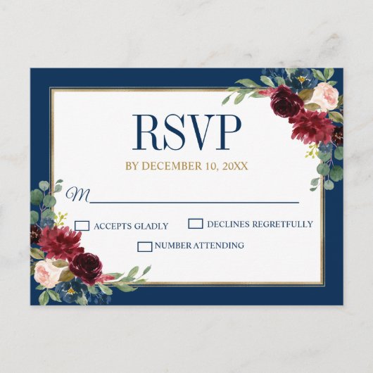 Carte Postale Burgundy Floral Gold Navy Blue Rustic Wedding RSVP (Devant)
