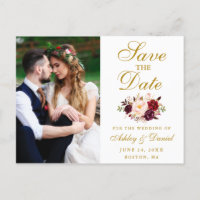 Burgundy Floral Gold Photo Enregistrer La Date