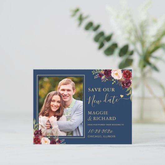 Carte Postale Burgundy Floral Navy Blue Gold Enregistrer La Nouv (Debout devant)