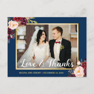 Carte Postale Burgundy Floral Navy Blue Mariage Photo Merci