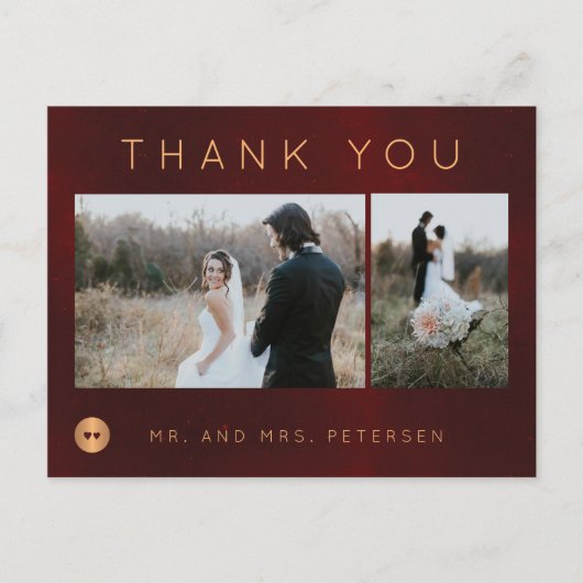 Carte Postale Burgundy foncé or mariage d'hiver photo merci (Devant)