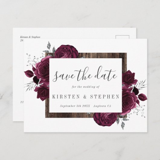 Carte Postale Burgundy Maroon Silver Floral Fall Enregistrer la (Devant / Derrière)