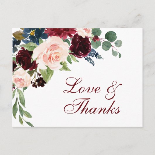 Carte Postale Burgundy Navy Blue Blush Floral Merci (Devant)