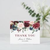 Carte Postale Burgundy Navy Blue Blush Floral Merci (Debout devant)