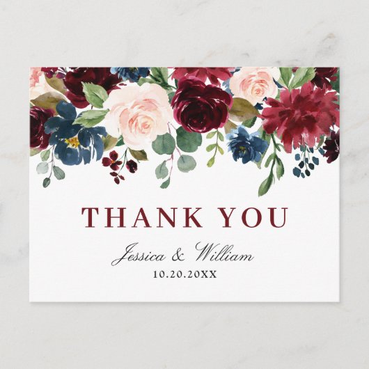 Carte Postale Burgundy Navy Blue Blush Floral Merci (Devant)