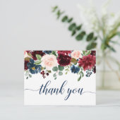 Carte Postale Burgundy Navy Blue Blush Floral Merci (Debout devant)