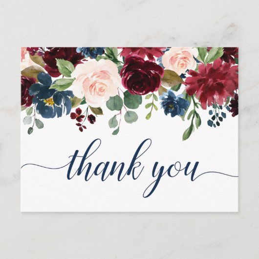 Carte Postale Burgundy Navy Blue Blush Floral Merci (Devant)