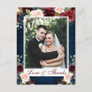 Carte Postale Burgundy Navy Blue Blush Mariage Photo Merci