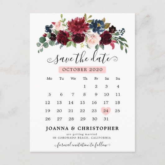 Carte Postale Burgundy Navy Blush Floral Enregistrer la date (Devant)
