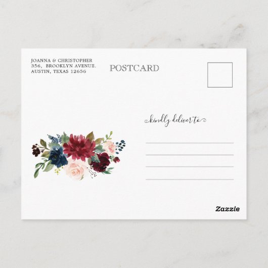 Carte Postale Burgundy Navy Blush Floral Modifier la date (Dos)