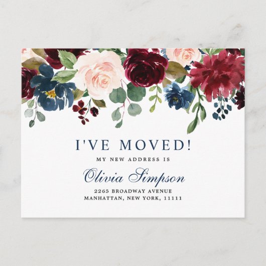 Carte Postale Burgundy Navy Blush Floral Moving Faire-part (Devant)