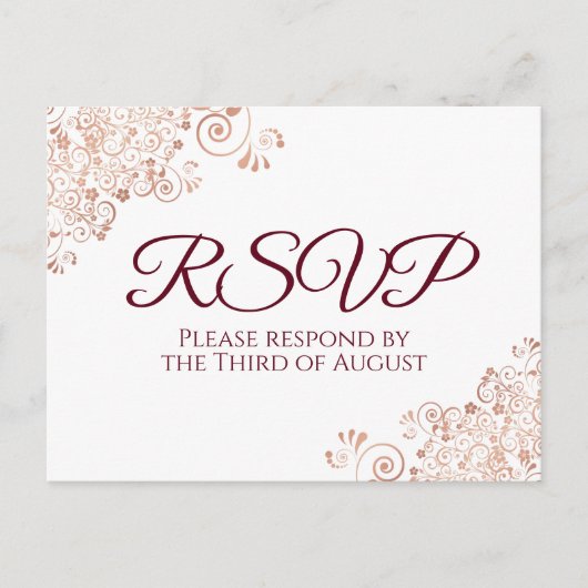 Carte Postale Burgundy & Rose Gold Dentelle Blanc Mariage RSVP (Devant)