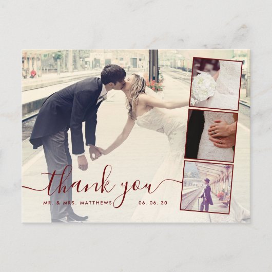 Carte Postale Burgundy Script 4 Photo Collage Mariage Merci (Devant)