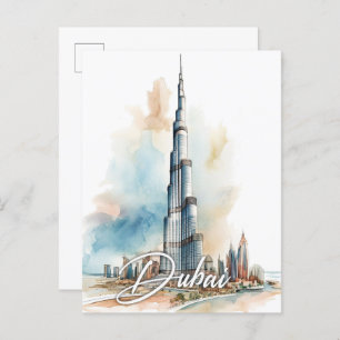 Carte Postale Burj Khalifa Dubai Aquarelle Peinture Voyage