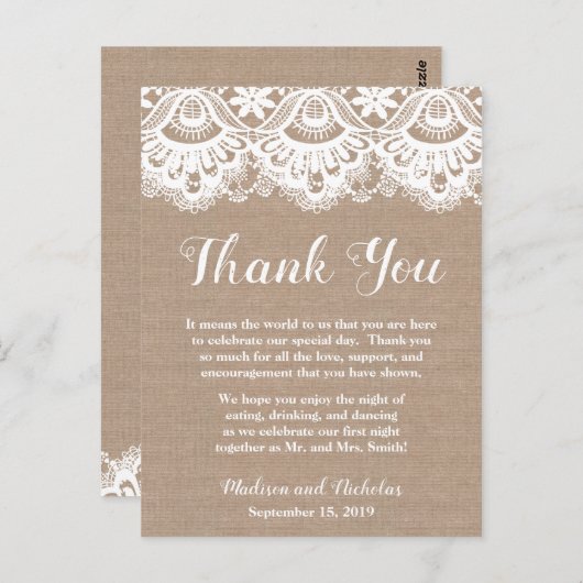 Carte Postale Burlap Dentelle Mariage Emplacement Paramètre Merc (Devant / Derrière)