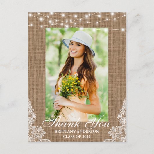 Carte Postale Burlap Lace Lights Photo Graduation Merci (Devant)