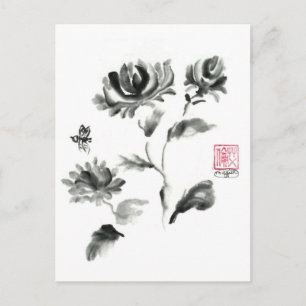 Carte Postale Buzzz, Rose de Sumi-e avec abeille