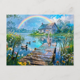 Carte Postale Cabane arc-en-ciel avec canards, héron et ruisseau