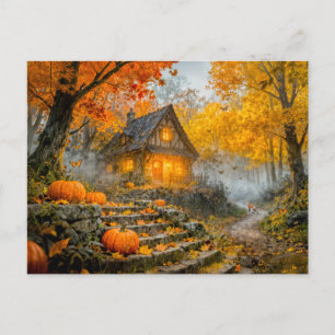 Carte Postale Cabane de forêt d'Halloween avec citrouilles, chem