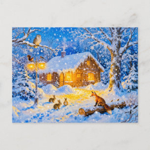 Carte Postale Cabane de forêt hivernale avec animaux des bois