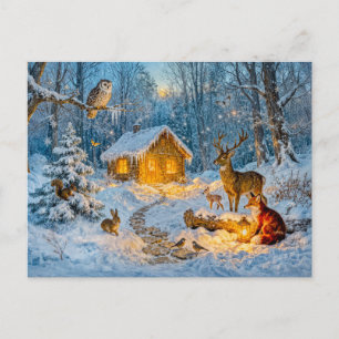 Carte Postale Cabane de forêt hivernale avec cerf, renard et hib
