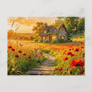 Carte Postale Cabane du champ de coquelicots avec chemin en bois