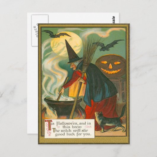 Carte Postale Cabine de sorcière Cauldron Jack-o'-lantern Chat d (Devant / Derrière)