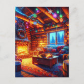 Carte Postale Cabine en bois et cheminée chaude le soir de Noël (Devant)
