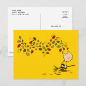 Carte Postale cacahuètes | Charlie Brown Raking Feuilles (Devant / Derrière)