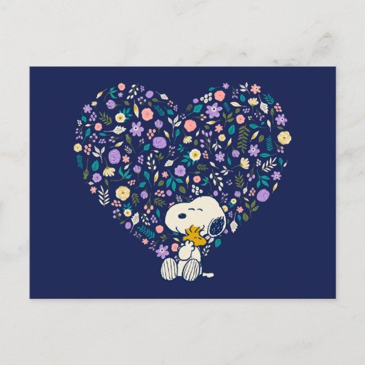 Carte Postale cacahuètes en fleur | Snoopy & Woodstock Heart (Devant)
