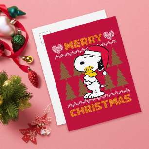Carte Postale cacahuètes   Snoopy & Woodstock Santa Claus Hug