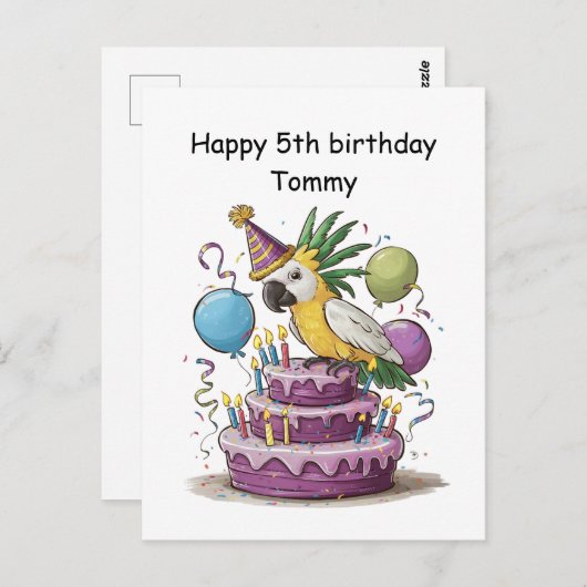 Carte Postale cacatoès perché sur des ballons de gâteau d'annive (Devant / Derrière)