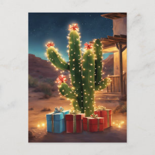 Carte Postale Cactus De Noël Avec Présents Devant Une Maison