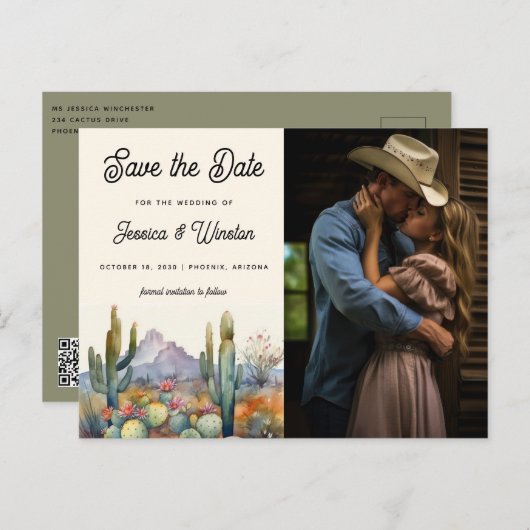 Carte Postale Cactus du désert moderne Photo Sauvez la date (Devant / Derrière)