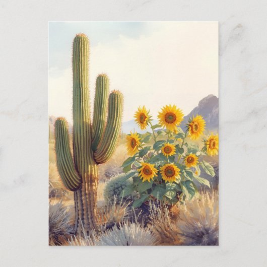 Carte Postale Cactus du Saguaro avec tournesols (Devant)