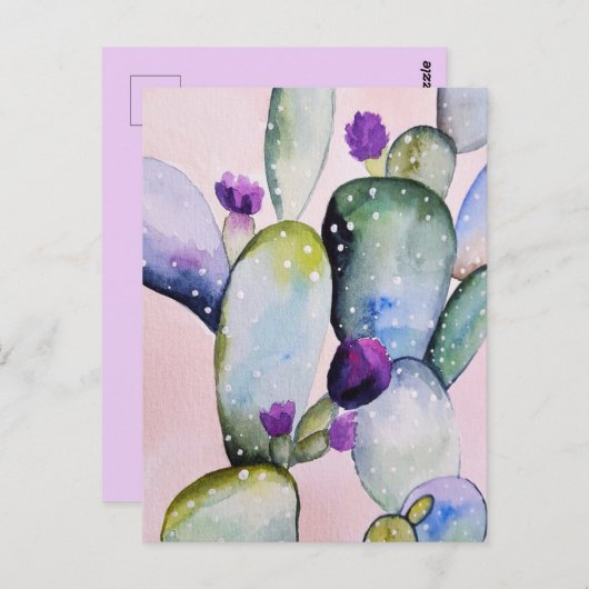 Carte Postale Cactus du sud-ouest rose Fleur violette Aquarelle  (Devant / Derrière)