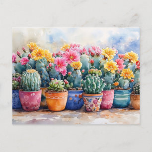 Carte Postale Cactus et fleurs d'aquarelle de printemps