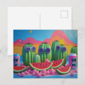 Carte Postale Cactus funky avec lunettes de soleil, pastèque et (Devant / Derrière)