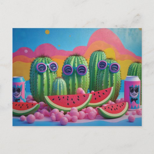 Carte Postale Cactus funky avec lunettes de soleil, pastèque et (Devant)