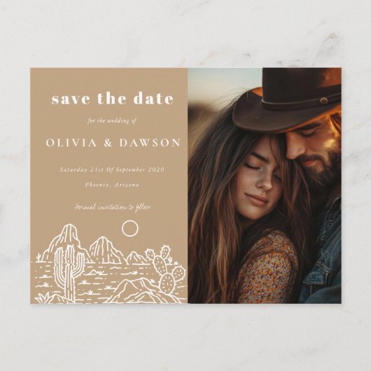 Carte Postale Cactus Line Art Desert Photo Enregistrer la date (Devant)