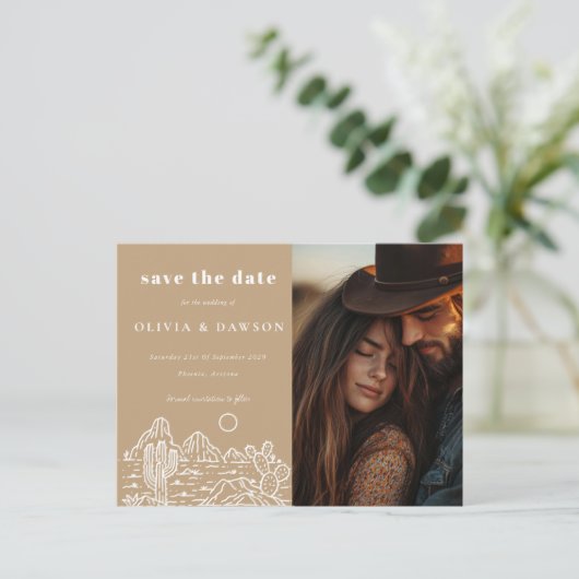 Carte Postale Cactus Line Art Desert Photo Enregistrer la date (Debout devant)