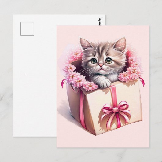 Carte Postale Cadeau d'anniversaire de chaton adorable dans une  (Devant / Derrière)