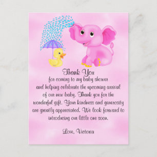 Carte Postale Cadeau de Baby Shower Merci Fille Éléphant