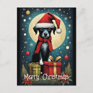 Carte Postale Cadeau de Noël de chiot mignon sous la pleine lune