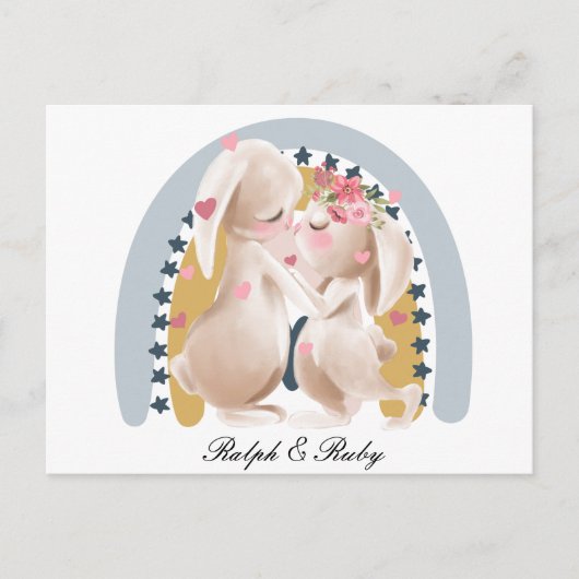 Carte Postale Cadeau personnalisé lapin couple mignon arc-en-cie (Devant)