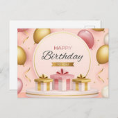 Carte Postale cadeaux d'anniversaire heureux gâteau or rose ball (Devant / Derrière)