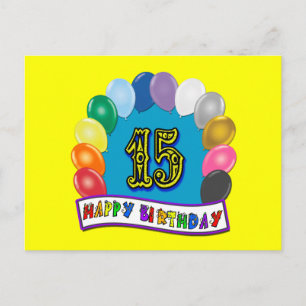 Carte Postale Cadeaux du 15e anniversaire avec ballons assortis