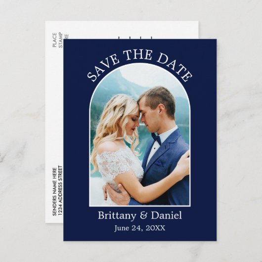 Carte Postale Cadre Arc Moderne Photo Bleu Enregistrer La Date (Devant / Derrière)